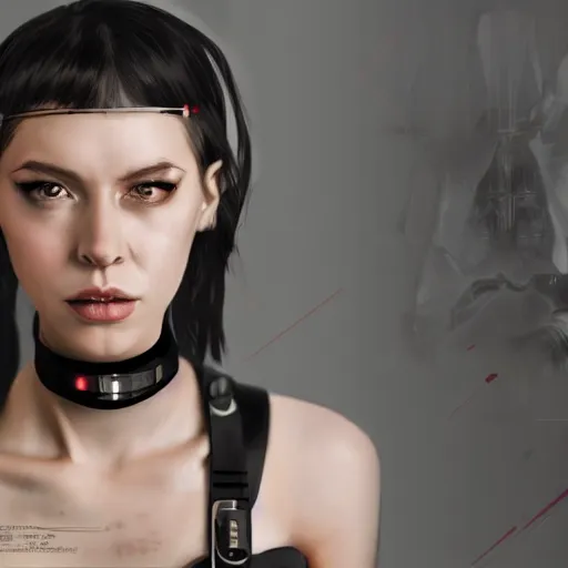 Image similar to female character cyberpunk wearing technological collar around neck, realistic, art, beautiful, 4K, collar, choker, collar around neck, punk, artstation, detailed, female, woman, choker, dark,