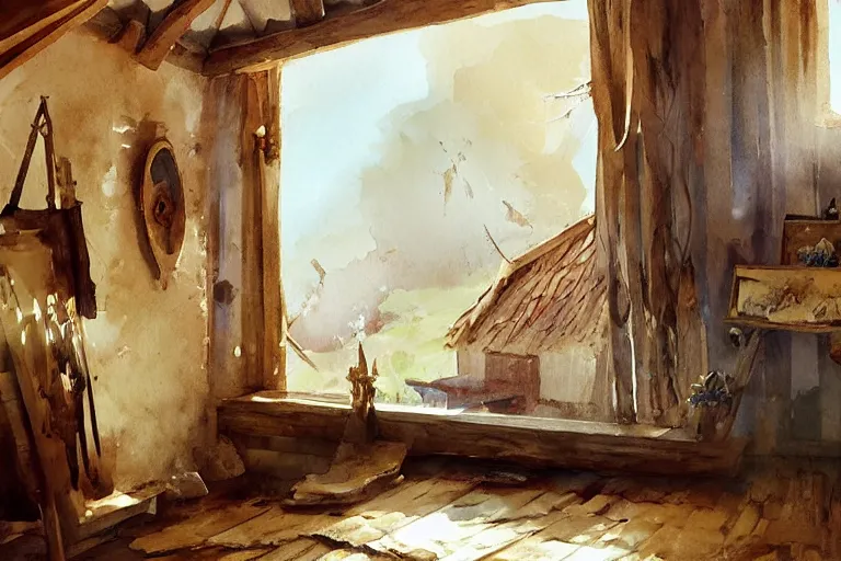 Prompt: paint brush strokes, abstract watercolor painting of rustic village house, interior closeup, medieval straw roof, scandinavian viking age, ambient lighting, art by hans dahl, by jesper ejsing, art by anders zorn, wonderful masterpiece by greg rutkowski, cinematic light, american romanticism by greg manchess, creation by tyler edlin