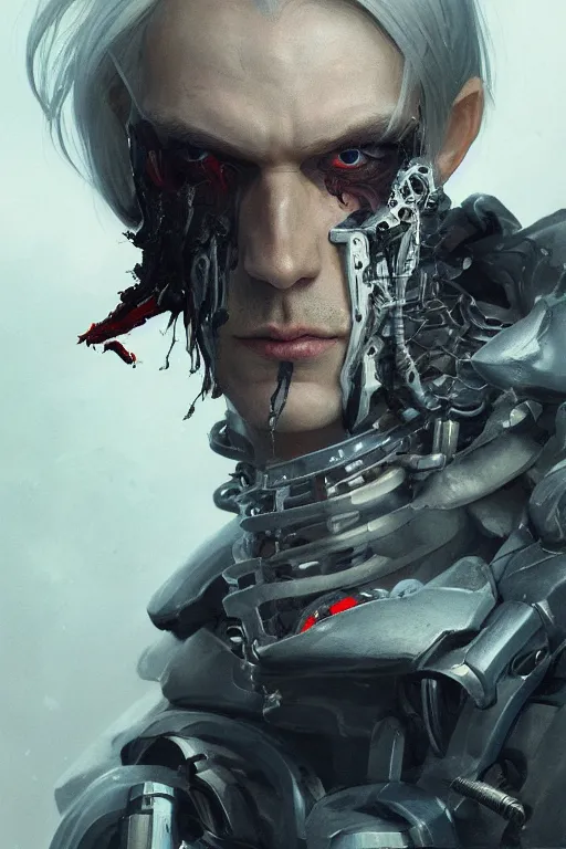 Image similar to a fancy portrait of a strong male cyborg with long white hair and pale skin with joints still visible by greg rutkowski, sung choi, mitchell mohrhauser, maciej kuciara, johnson ting, maxim verehin, peter konig, bloodborne, 8 k photorealistic, cinematic lighting, hd, high details, dramatic, dark atmosphere, trending on artstation