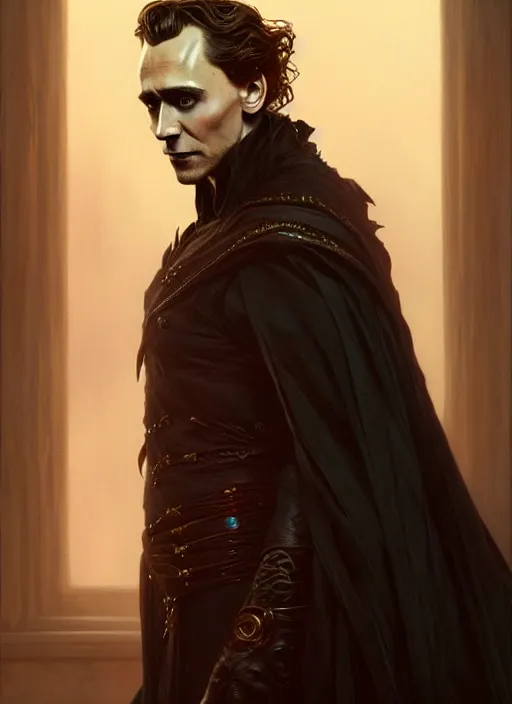 Image similar to portrait of tom hiddleston as a vampire lord, jewelry, intricate, headshot, highly detailed, digital painting, artstation, concept art, sharp focus, cinematic lighting, illustration, art by artgerm and greg rutkowski, alphonse mucha, cgsociety