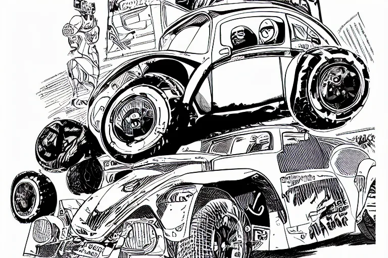 Prompt: vw beetle dune buggy, a page from cyberpunk 2 0 2 0, style of paolo parente, style of mike jackson, adam smasher, johnny silverhand, 1 9 9 0 s comic book style, white background, ink drawing, black and white