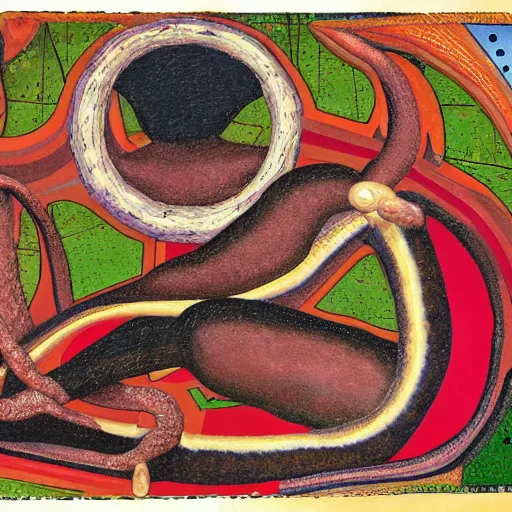 Image similar to constructivist by mati klarwein, by alex maleev, by malcolm teasdale tender. a land art of the human intestine in all its glory. each section of the intestine is labelled, & various items & creatures can be seen inside, such as bacteria, food particles, & even a little mouse.