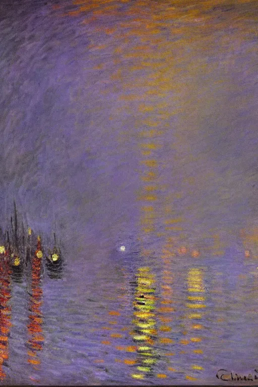 Image similar to Batman impresionism painting by Claude Monet, night