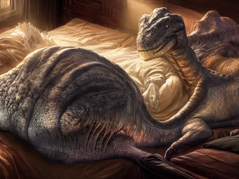 Image similar to sleeping!!!!! dinosaur laying on bed!!!!!, ultra realistic, lens flare, atmosphere, glow, detailed, intricate, full of colour, cinematic lighting, trending on artstation, 4 k, hyperrealistic, focused, extreme details, unreal engine 5, cinematic, masterpiece