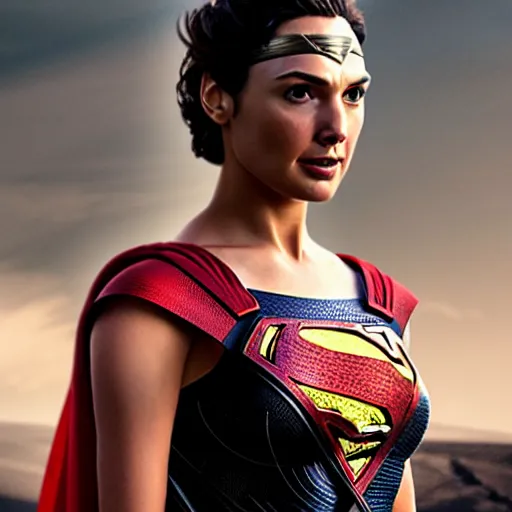 Prompt: an potrait of gal gadot play Man of Steel replacing Henry Cavill, she looking to camera, photorealistic, 4k