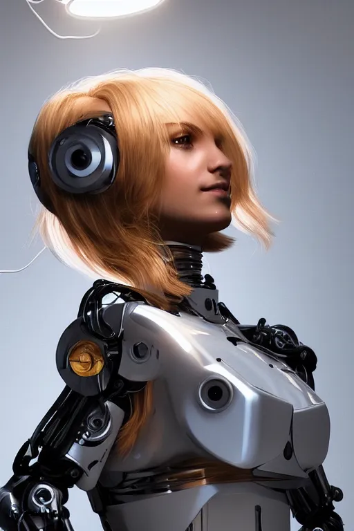 Image similar to a beautiful woman with blonde hair wearing robot suit with wires and light, highly detailed, photorealistic, artstation, smooth