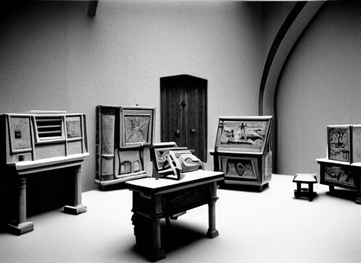 Prompt: realistic documentary photo of a medieval interior with wooden furniture and sci - fi computers made of white plastic 1 9 9 0, life magazine reportage photo, metropolitan museum photo