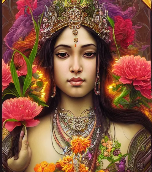 Image similar to hindu goddess im beautiful meadow of flowers, highly detailed, centered, digital painting, artstation, concept art, smooth, sharp focus, illustration, art by artgerm and donato giancola and Joseph Christian Leyendecker, Ross Tran, WLOP