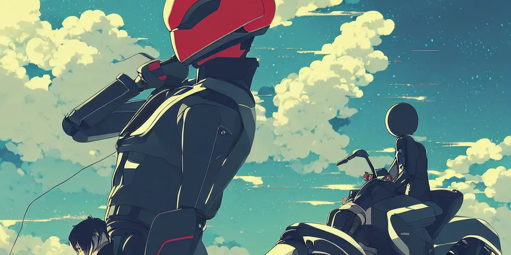 Image similar to poster of a kamen rider rx by ilya kuvshinov, cloudy sky background lush landscape ln illustration concept art anime key visual trending pixiv by victo ngai fanbox by greg rutkowski makoto shinkai takashi takeuchi studio ghibli