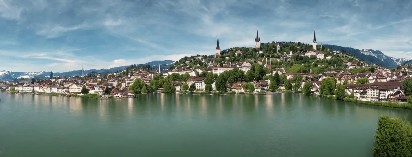 Image similar to Photo of Zurich, looking down the Limmat at the lake and the alps, Hardturm, Grossmünster, Lindenhof, Üetliberg, wide angle, volumetric light, hyperdetailed, light blue water, artstation, cgsociety, 8k