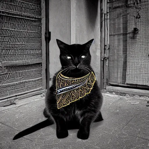 Image similar to “Photo of a cat wearing a pharaoh\'s headdress in an alley, synthwave, 8K, hyper realistic, award winning photo”