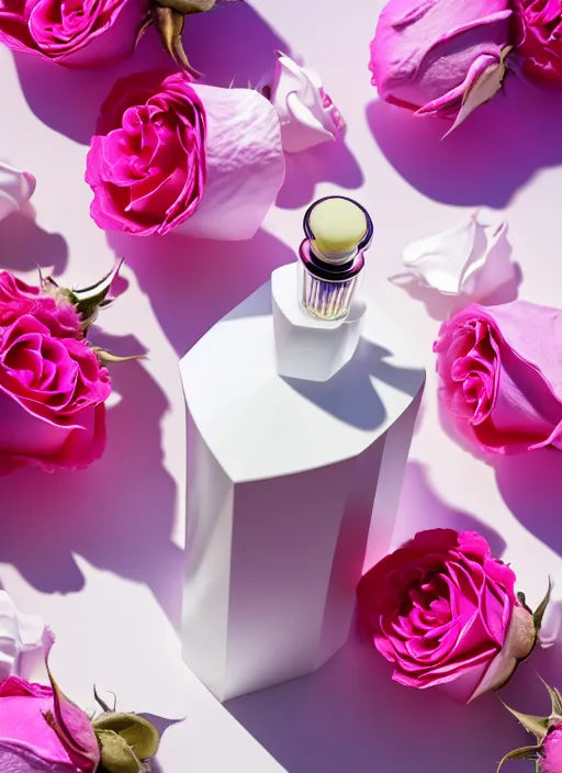 Prompt: perfume bottle standing in white enchanted garden of pink flowers, roses in an ivory room well contoured smooth fair walls, up close shot, sharp focus, global illumination, radiant light, surral photography, octane highly render, 4 k, ultra hd,