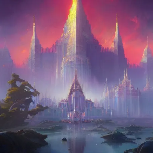 Image similar to grand palace temple for leader of galactic empire by peter mohrbacher, vivid colors, matte painting, 8K, concept art, mystical color scheme, trending on artstation