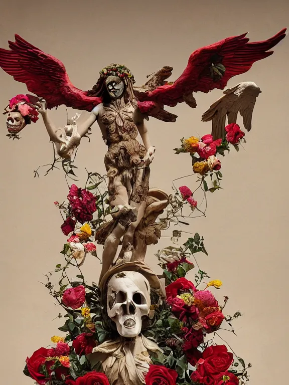 Prompt: many birds on background and icarus with liquid red wings in the form of a Greek sculpture with a mask in the form of a bird skull and wreath of flowers, roses in hands, dressed in a flower dress, stands in the pose of a super hero on a golden stone, silk, fabric, birds, flowers. red plastic. baroque elements, human skull. full-length view. intricate artwork by caravaggio. Trending on artstation. halo. octane render, cinematic, hyper realism, octane render, 8k, depth of field, bokeh. iridescent accents. vibrant. teal and gold and red colour scheme