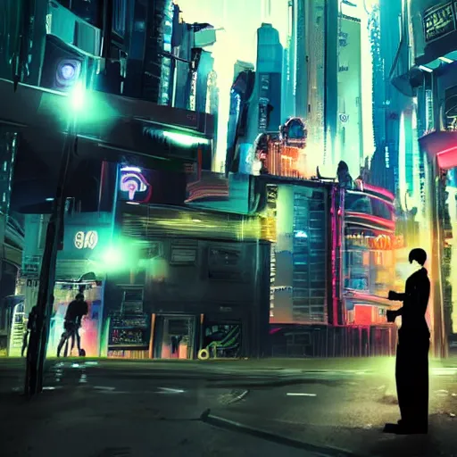 Image similar to realistic, symmetrical, cyberpunk city, man and women in love in a gunfight with robot police.