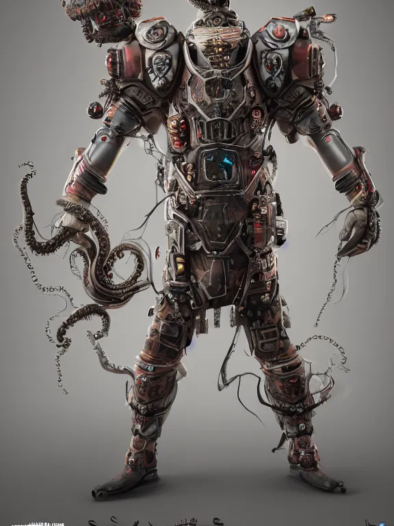 Image similar to full body frontview portrait of single warrior with cyberpunk octopus armour, character design, designed in blender, 4 k hd, octane render, intricate and highly detailed, coloured with lots of colour, cinematic, pose,