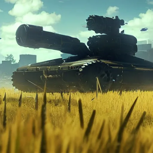 Image similar to a high resolution image from nier : automata, featuring 9 s android fighting an armoured vehicles column in yellow rye field under pure blue skies