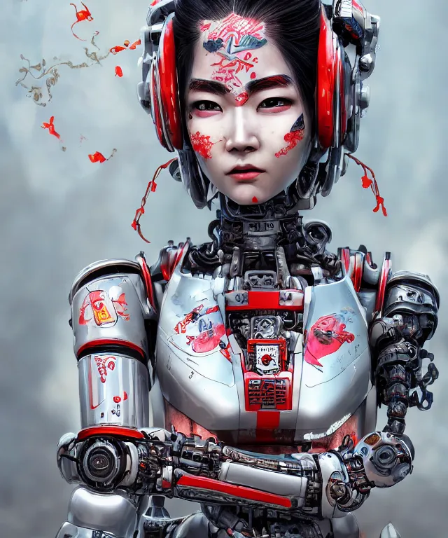 Image similar to an epic fantastic realism comic book style portrait painting of a japanese robotic geisha with kanji tattoos and decals, apex legends, octane render, intricate detail, 4 k hd, unreal engine 5, ex machina, irobot