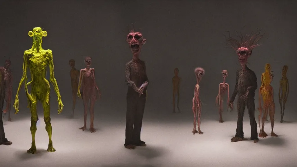 Image similar to the strange creature, made of glowing oil, they suffer from elevatophobia, film still from the movie directed by denis villeneuve and david cronenberg with art direction by salvador dali and dr. seuss