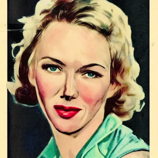 Image similar to “Naomi Watts portrait, color vintage magazine illustration 1950”