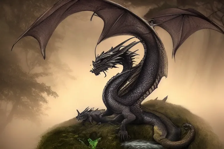 Image similar to peaceful dragon in a beautiful, misty forest, leaning over a steep hill, elongating its neck to sip water from the flowing, turbulent river, trending on artstation, intricately defined, complexly detailed, robustly ordinated, 4 k quality, digital art