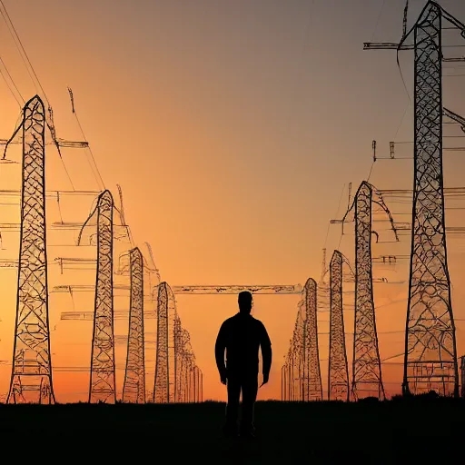 Prompt: man standing in front of electricity pylons at sunset, low angle