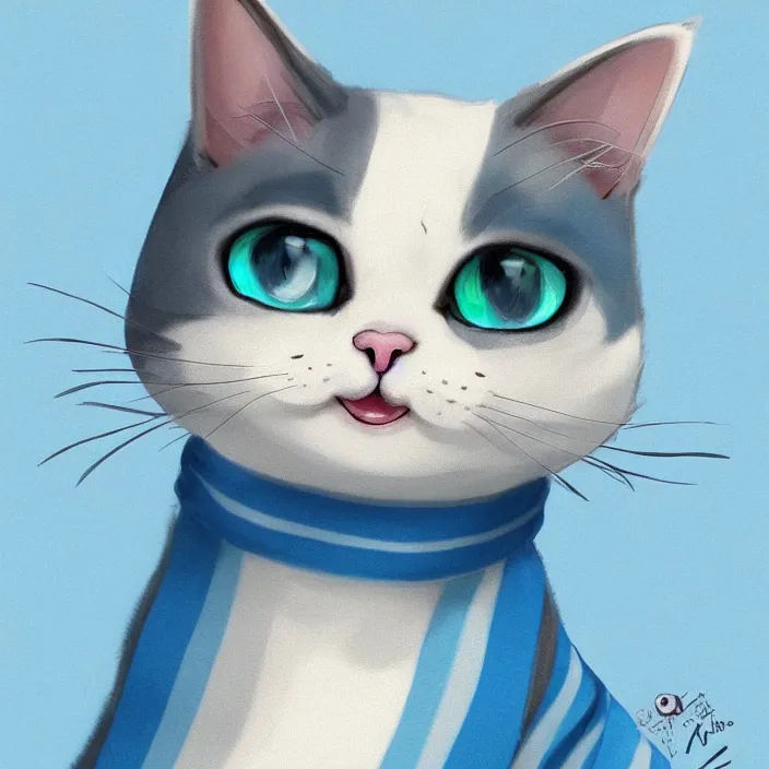 Image similar to cute cat of cheshire an adorable cat with light blue stripes, shiny eyes and a big human like playful smile. award - winning digital art, trending on artstation