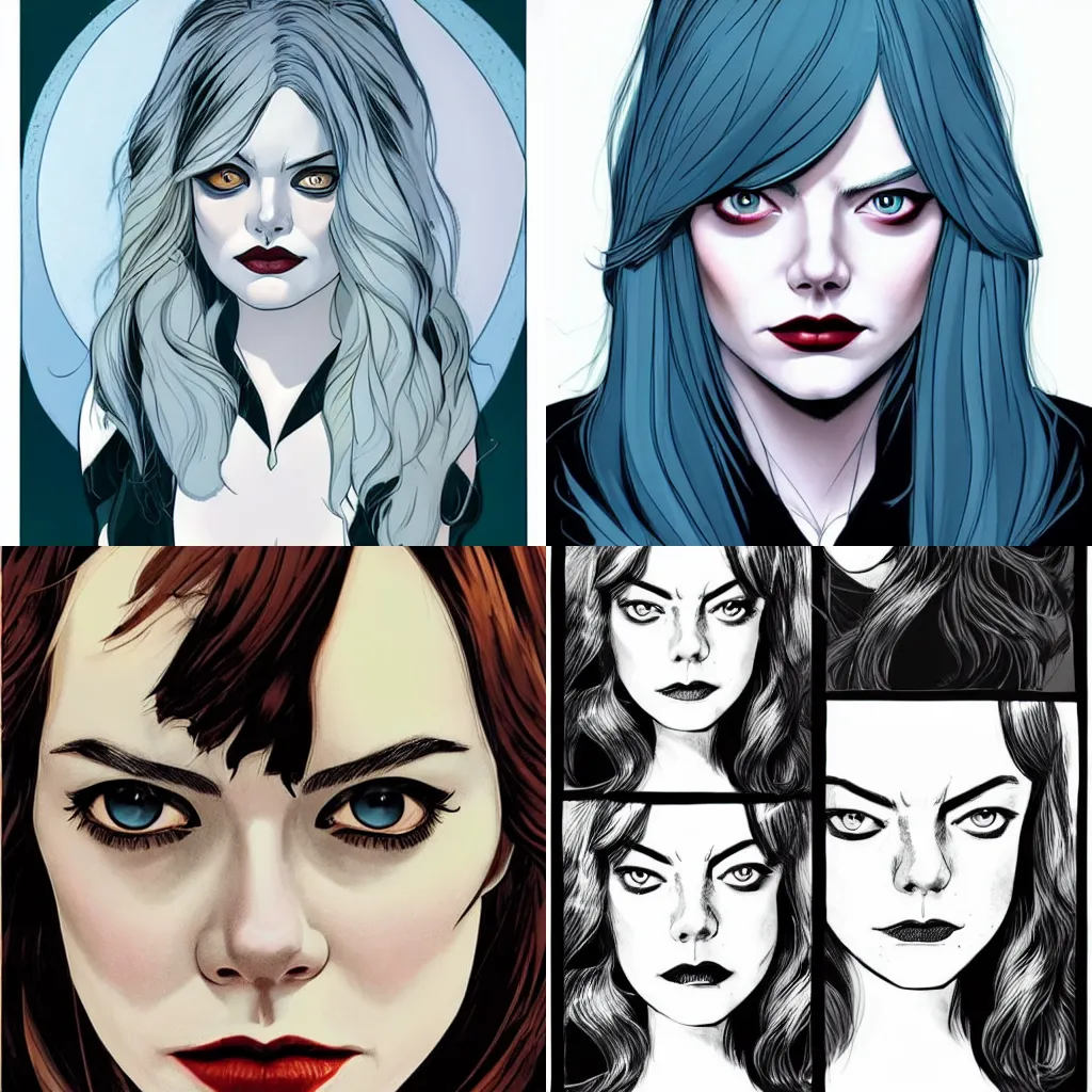 Prompt: Emma Stone vampire:: in the style of Joshua Middleton comic art:: symmetrical face symmetrical eyes