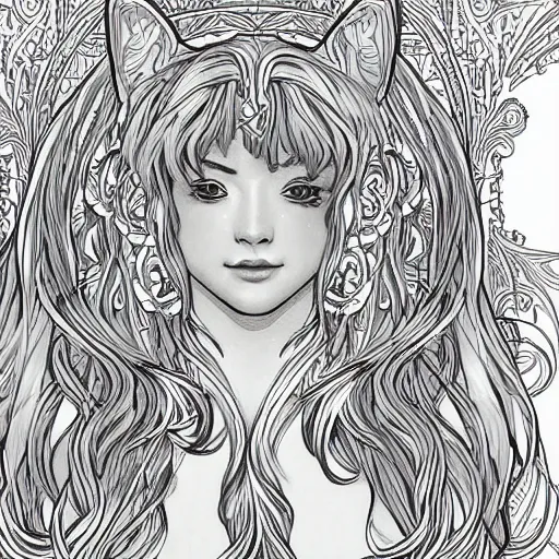 Image similar to clean simple line art of a cute beautiful unicorn. no background. well composed, clean coloring book page. coloring book line art by artgerm and greg rutkowski and alphonse mucha