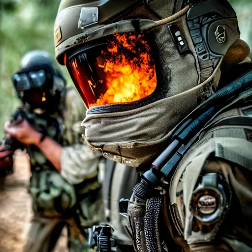 Image similar to close up CSAT Viper Special Forces fighting devastated burning exploding jungle combat photography 2022, Canon EOS R3, f/1.4, ISO 200, 1/160s, 8K, RAW, unedited, in-frame,