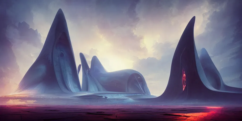 Image similar to a monument to an alien god on a gas planet, by tim blandin and arthur haas and bruce pennington and john schoenherr, big windows architecture by zaha hadid, octane render, warm colour scheme, white, cinematic, scenery, cgsociety, modernism, futuristic, trending on artstation, sci - fi, high detail, high quality, close up angle