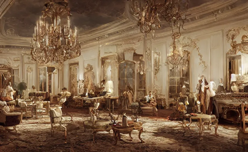 Image similar to realist rococo painting of a 1 9 2 0 s grand party in a beautiful mansion, many partygoers, strong contrast, unreal engine, hyper realism, realistic shading, cinematic composition, realistic render, octane render, detailed textures, photorealistic, ultrawide shot, 3 5 mm film