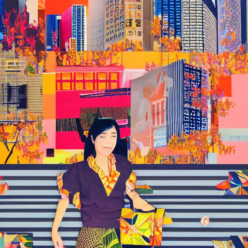 Image similar to maximalist paper collage art of a woman walking through a tokyo shopping district at sunset