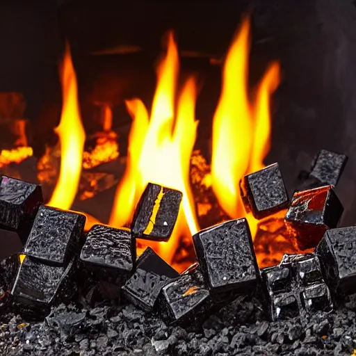 Image similar to shiny black cubes, crashed in the ground, cracks, gas fire in cracks, hd photograph