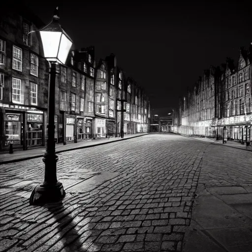 Prompt: ghosts, dusk, royal mile, edinburgh, street lights, spooky, shadows and lights