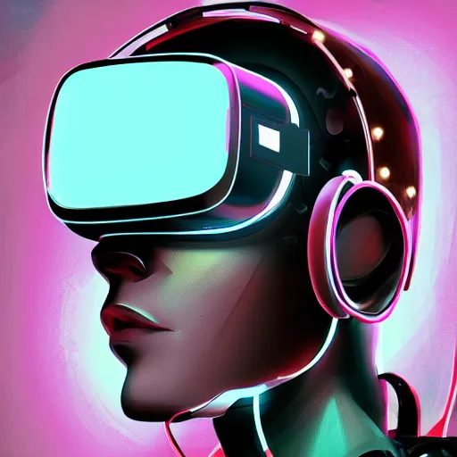 Image similar to cyberpunk bot wearing vr headset, sci - fi, portrait, illustration