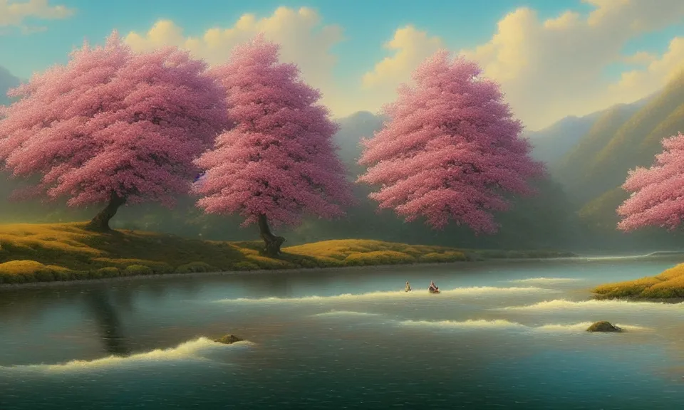 Image similar to a beautiful landscape matte painting of cherry trees with petals flying in the sky, beside a river, by christophe vacher