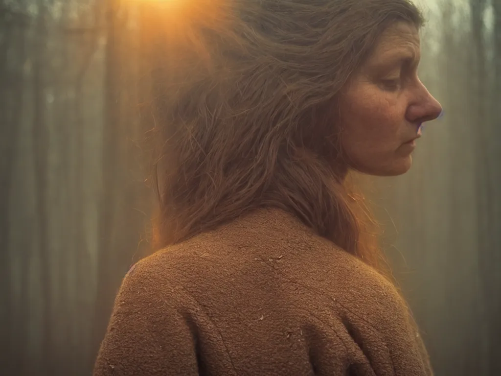 Image similar to close up portrait bust of woman, solemn expression, faded color film, russian cinema, tarkovsky, kodachrome, heavy forest, wood cabin in distance, long brown hair, old clothing, heavy fog, atmospheric haze, brown color palette, sunset, low light, hudson river school, 4 k, dramatic lighting