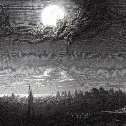 Image similar to a distant city, trees, night, full moon, clouds, chiaoscuro, illustration by Gustave Doré, a giant Cthulhu in the background