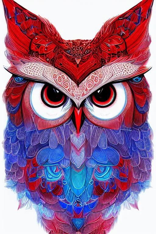 Image similar to glowing owl, white, red and blue colours, highly detailed, digital art, sharp focus, trending on art station