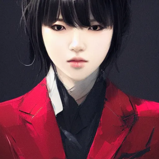 Image similar to portrait of a beautiful korean girl wearing a men's tuxedo, with bangs, very long hair and bangs, angular features, angry expression, dramatic lighting, illustration by Greg rutkowski, yoji shinkawa, 4k, digital art, concept art, trending on artstation