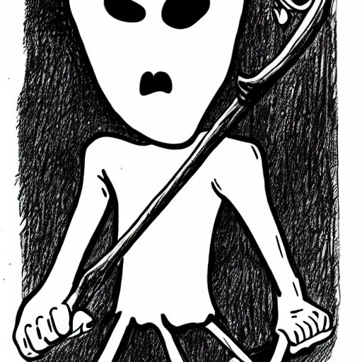 Image similar to cute cartoon drawing of a grim reaper with childish proportions holding a scythe, big head, big eyes, skull head