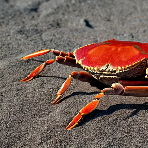 Image similar to a realistic image of a crab with hair, ultra high detail, the crab is on sand on a beach with ocean in the background, 8 k.