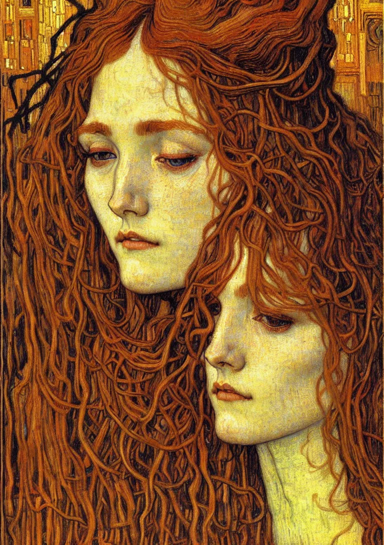 Image similar to detailed realistic beautiful young medieval queen face portrait by jean delville, gustav klimt and vincent van gogh, art nouveau, symbolist, visionary, gothic, pre - raphaelite, muted earthy colors, desaturated