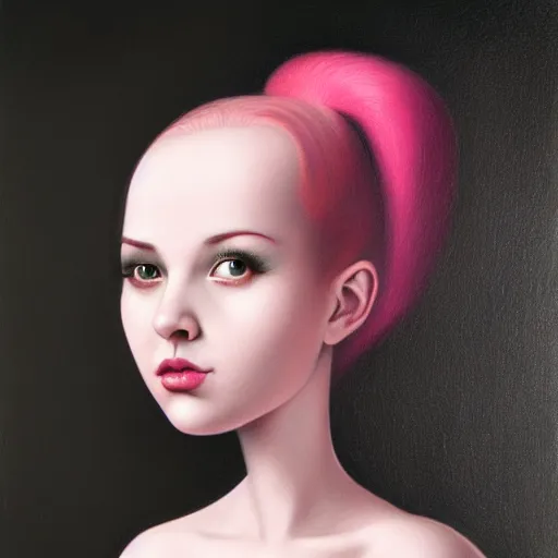 Image similar to a portrait of a beautiful woman with pink hair by mark ryden insanely quality, elegant, highly detailed, digital painting, artstation,, concept art, pop, smooth, sharp focus, illustration, art by mark ryden and 3 d 8 k ultra detailed