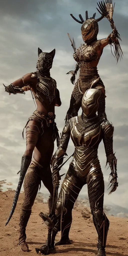 Image similar to two fighting tribeswoman,vertical composition, destroyed armor, inspired by monster hunter and westerns, muscular body, clean beautiful symmetrical face, subtle make up, epic,dramatic lighting, cinematic, establishing shot, extremely high detail, photorealistic, black panther the movie and dune the movie and cyberpunk, cinematic lighting, artstation, octane render, western,old photo, vintage