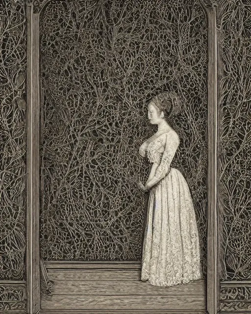 Prompt: a woman standing in a doorway, made of intricate decorative lace leaf skeleton, in the style of the dutch masters and gregory crewdson, dark and moody