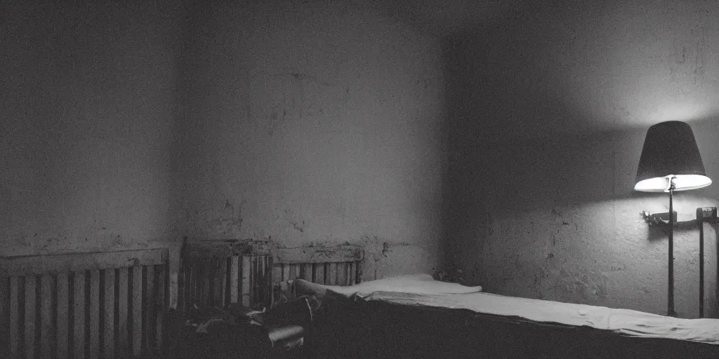 Prompt: nighttime, a very dark room at night lit only by candlelight, black and white, grungy