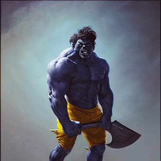 Image similar to artstation concept a midnight blue hulk holding an axe, dusty yellow background, grotesque face, hyperdetailed, artstation trending, world renowned artists, worth 1 0 0 0. com, historic artworks society, antique renewel, cgsociety, by greg rutkowski, by gustave dore, deviantart