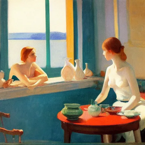 Image similar to oil painting of young lovers in shabby room by the river, with teapot and cups and bowl of oranges on table, and view through window of ship on river, by edward hopper, by frank mccarthy